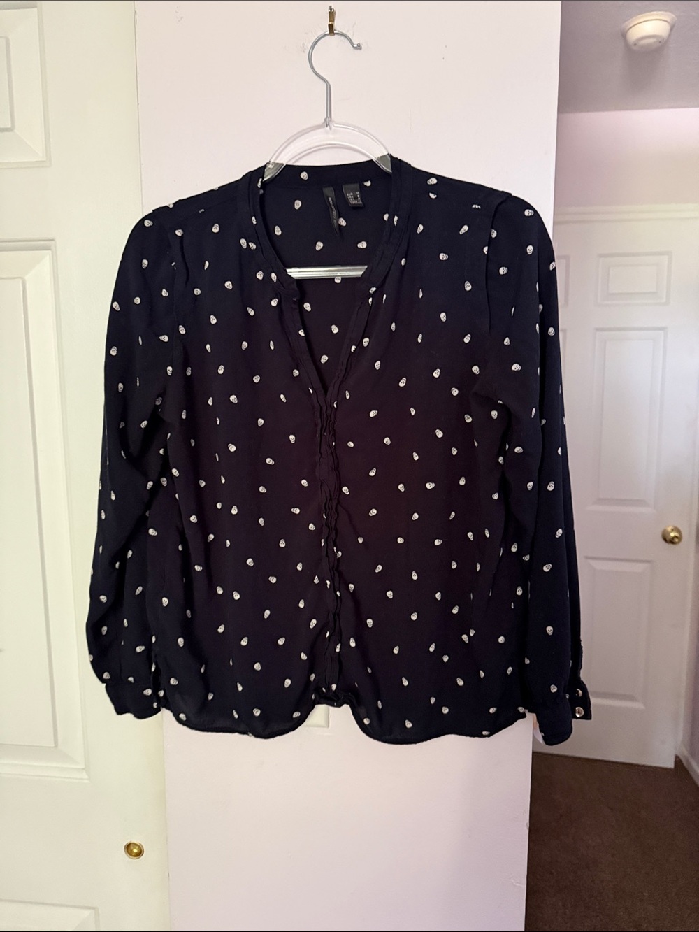MNG Collection Black Polka Dot V-Neck Blouse Halloween